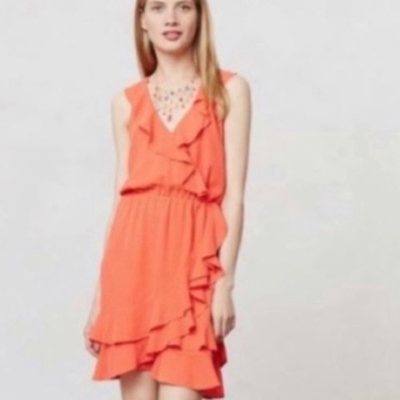 Anthropologie Sachin + Babi Coral/Orange-Red Ruffle Pindot Dress size 6 - Picture 5 of 15